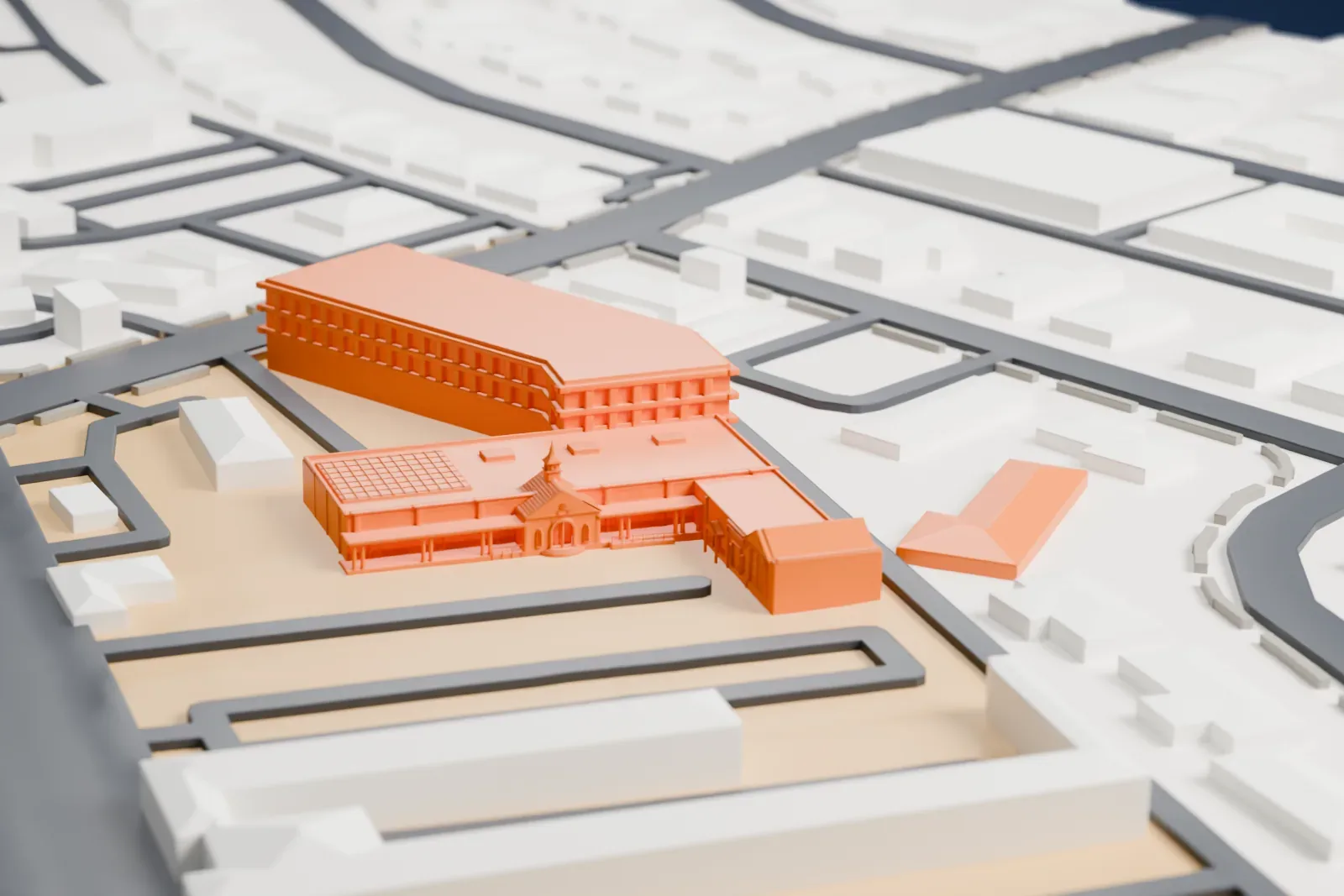 A white 3D print of Chapel of the Flowers, a low building with a small cupola, a columned porch and a grid of thin bars on one roof corner, among nearby lots and streets.
