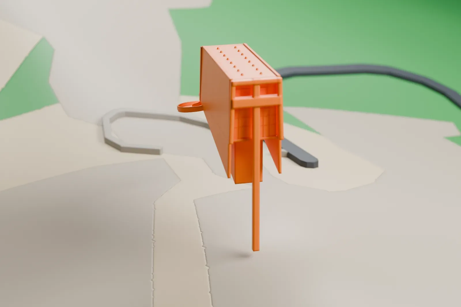A white 3D print of the Chapel of the Holy Cross, a tall wedge-shaped block with a slender cross at one end and a curved ramp, set into rocky terrain with patches of forest.