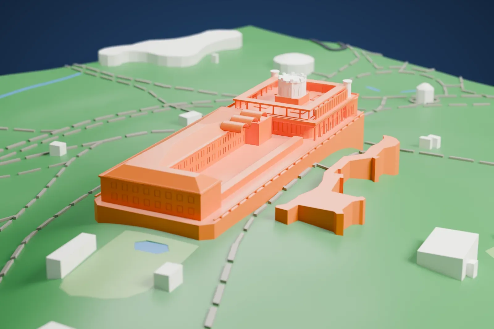 A white 3D print of Chapultepec Castle, a long palace on a tall curved base with a roof terrace and a small round tower, set on a green hilltop with winding paths and a few small buildings.