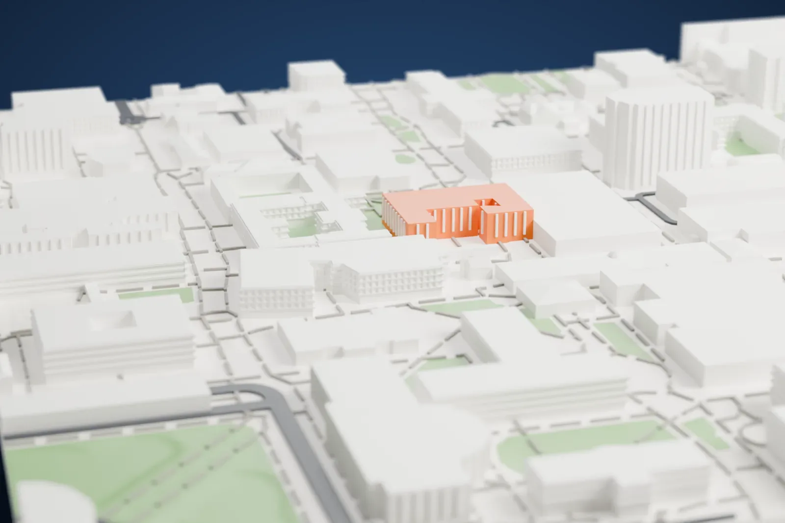 A white 3D print of the Charles Trumbull Hayden Library, a wide block with a slatted roof and a columned ground level, among campus paths and neighboring buildings.