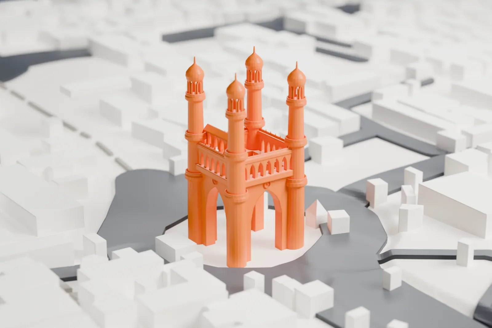A white 3D print of the Charminar, a square monument with a grand arch on each side and four tall minarets topped by domes, ringed by roads and low buildings.