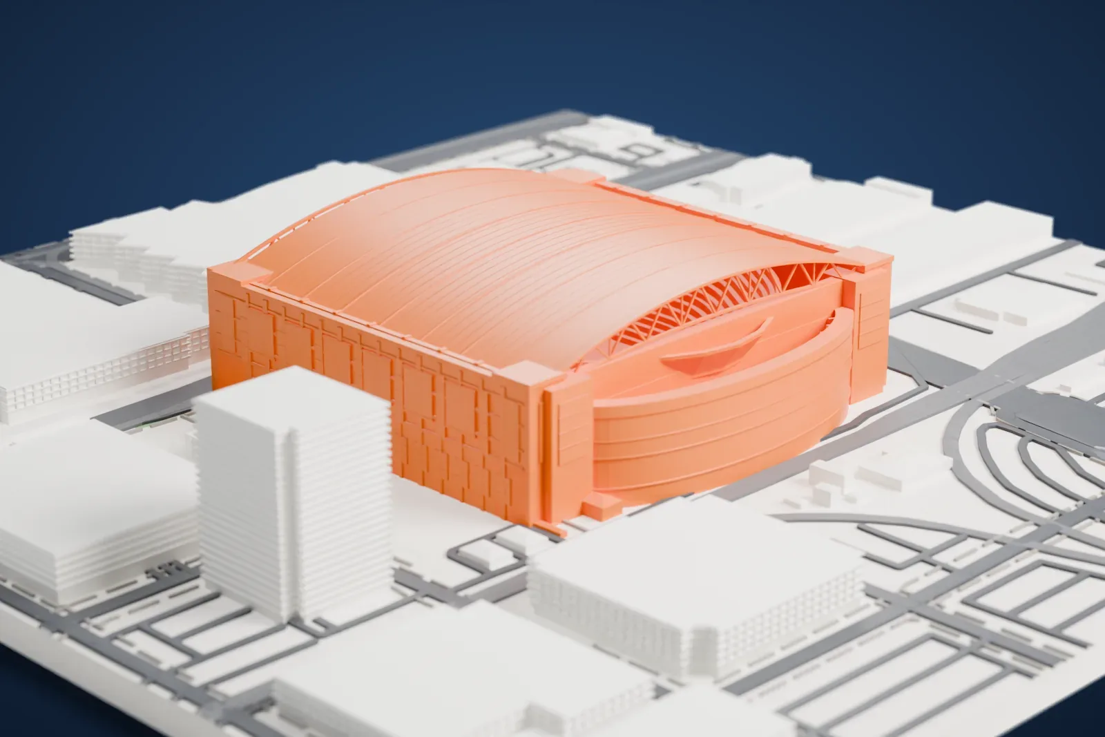 A white 3D print of Chase Field, a stadium under a wide arched roof with an open steel frame at one end, surrounded by city streets and large buildings.