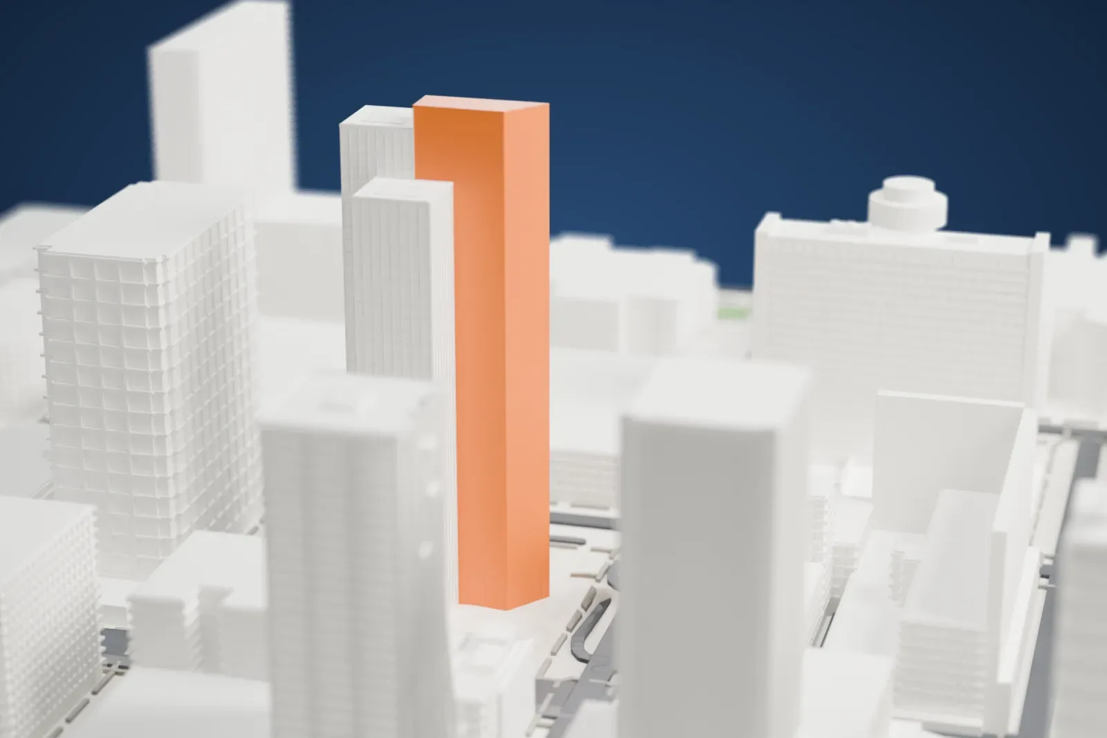 A white 3D print of Chase Tower, a stepped tower of three wings of different heights with a taller core, standing among nearby tall buildings and streets.