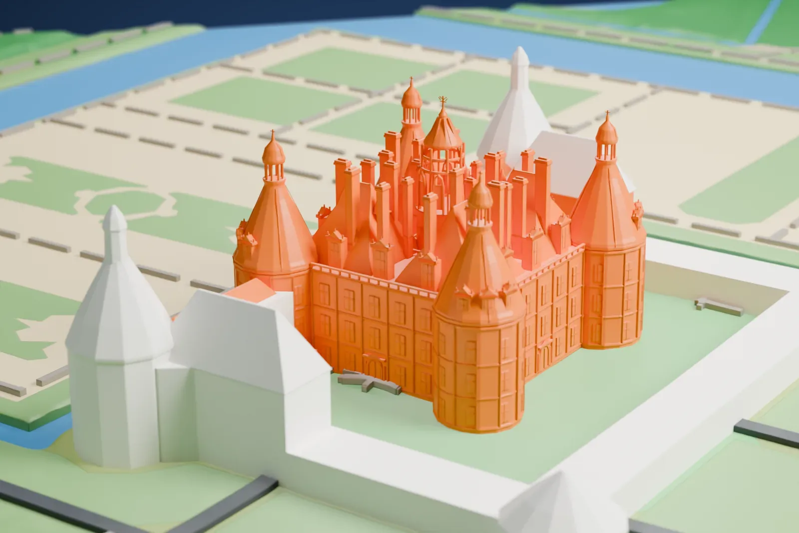 A white 3D print of the Château de Chambord, a château with cone-roofed corner towers and a crowded roofline of chimneys, with a walled courtyard, water, formal garden beds and fields around it.