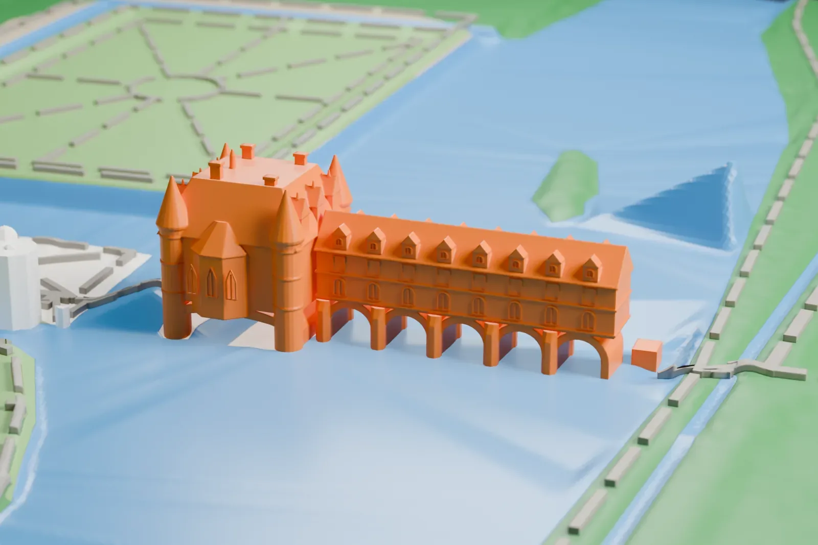 A white 3D print of the Château de Chenonceau, a long gallery on arches crossing the river with a tower-cornered main block at one end, with gardens and green banks on both sides.