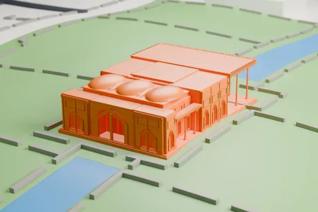 A white 3D print of the Chehel Sotoun pavilion, a low hall with a long columned porch and three domes, set in a garden with paths and small pools.