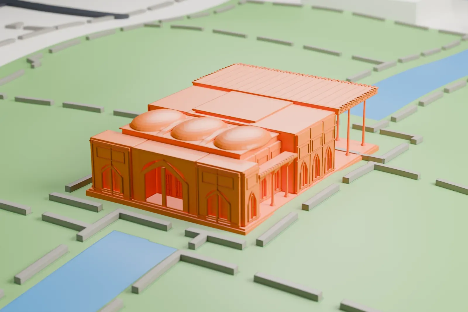 A white 3D print of the Chehel Sotoun pavilion, a low hall with a long columned porch and three domes, set in a garden with paths and small pools.