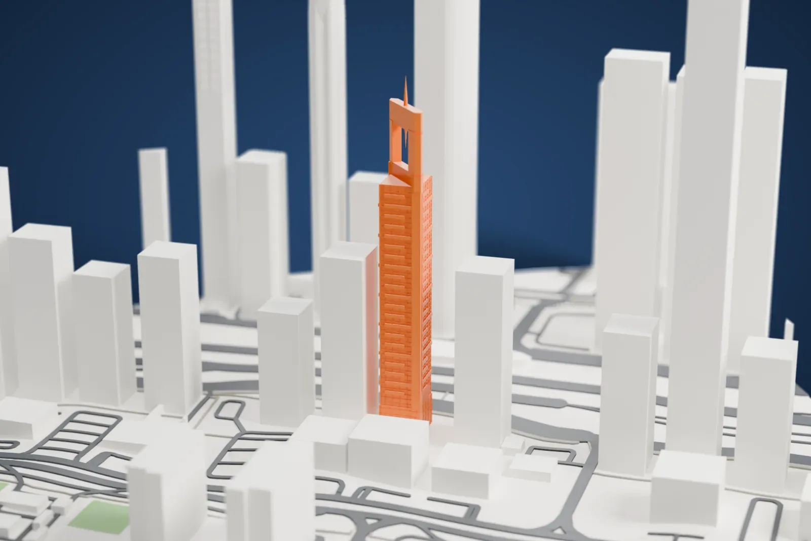 A white 3D print of Chelsea Tower, a tall skyscraper surrounded by roads and other buildings in Dubai.