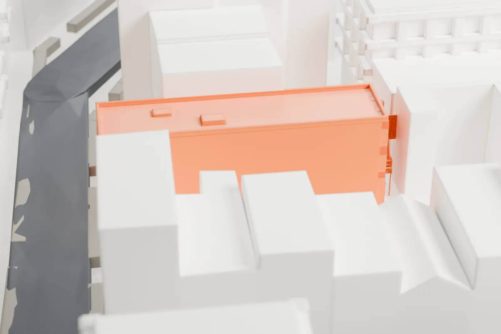 A white 3D print of the Cherry Lane Theatre, a long low flat-roofed building squeezed between taller West Village buildings.