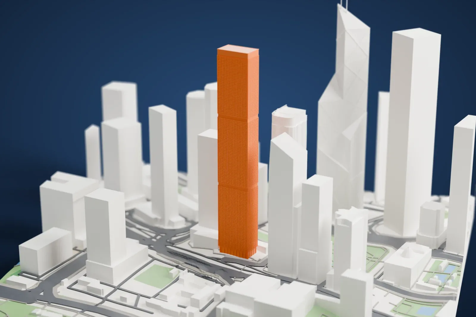 A white 3D print of Cheung Kong Center among the streets and towers of Central, Hong Kong.