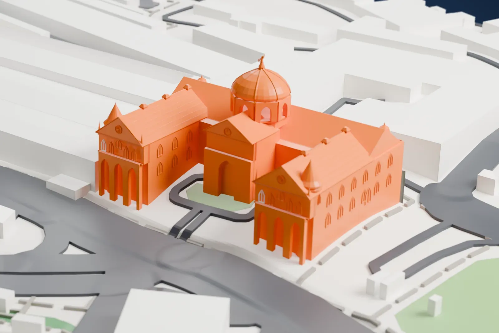A white 3D print of Chhatrapati Shivaji Terminus, with its central dome, two gabled wings and corner turrets, ringed by roads and city buildings.