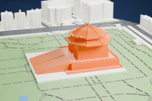 A white 3D print of the Chiang Kai-shek Memorial Hall, a four-sided hall with a two-tier octagonal roof on a broad stepped platform with two long staircases, set in a green park with ponds and city blocks around it.