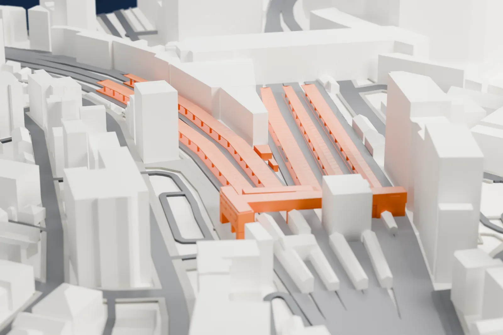 A white 3D print of Chiba Station in Chiba, with surrounding streets and buildings.