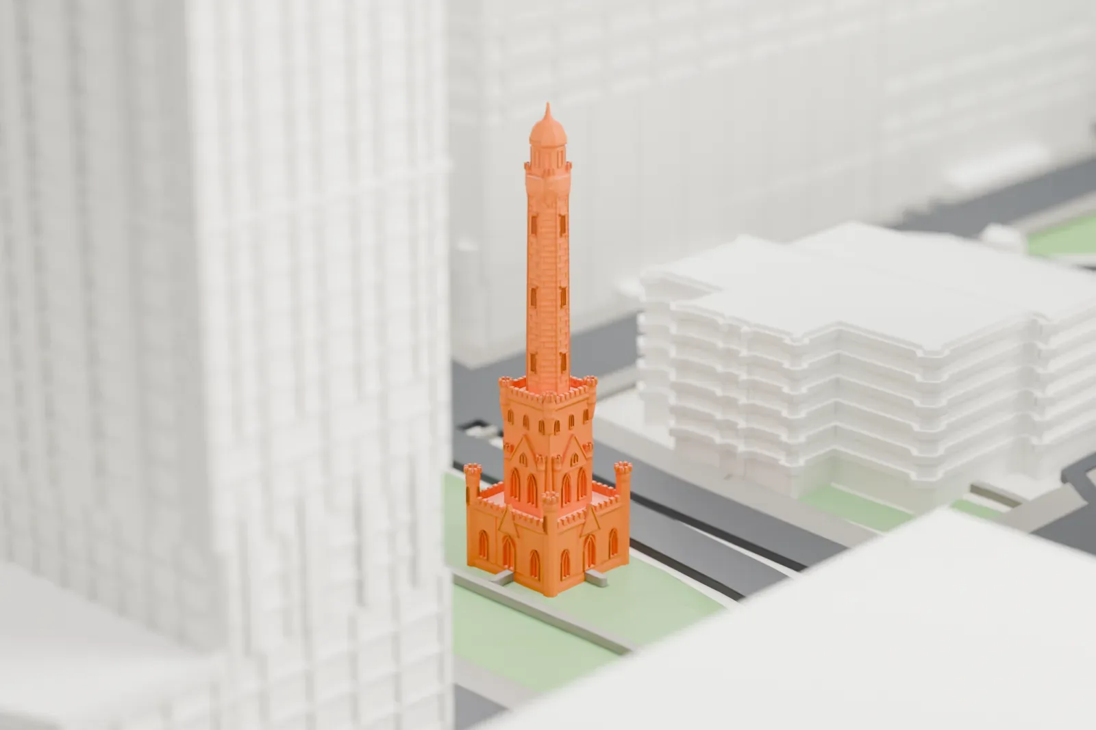 A white 3D print of the Chicago Water Tower, with the surrounding streets and buildings.