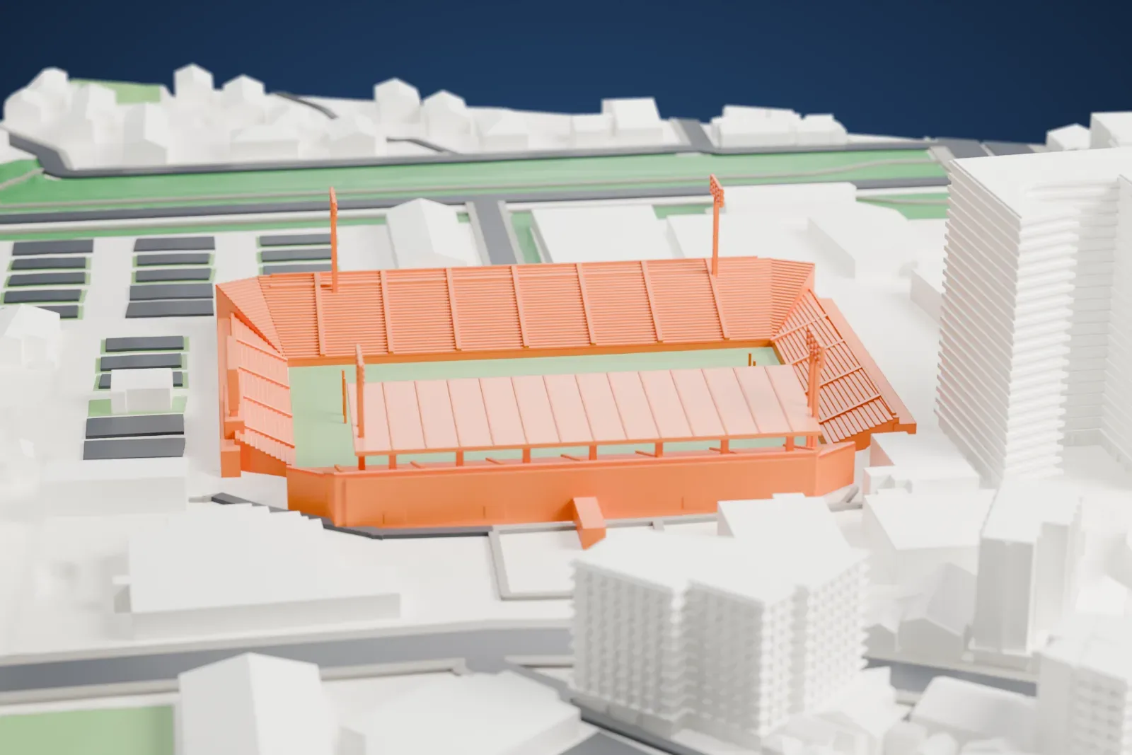 A white 3D print of Chichibunomiya Rugby Stadium, a rugby stadium among the surrounding streets and buildings.