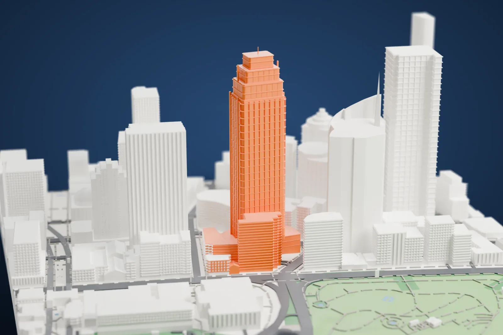 A white 3D print of Chifley Tower, a tall skyscraper with a stepped crown and a curved base, rising among other high-rise buildings with a park beside them.