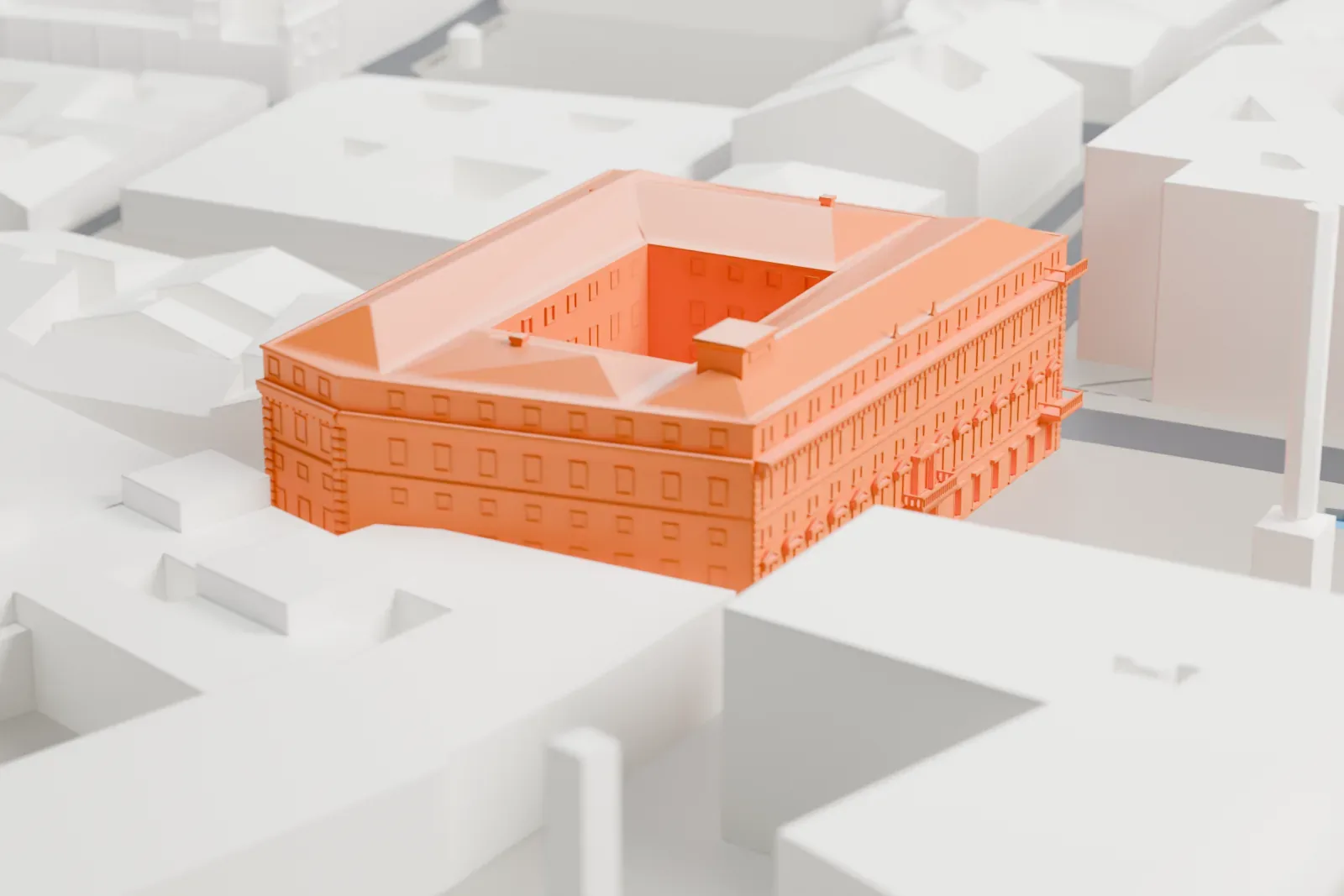 A white 3D print of the Chigi Palace, a wide palace block with rows of windows across its facade, standing among the surrounding streets and buildings of central Rome.