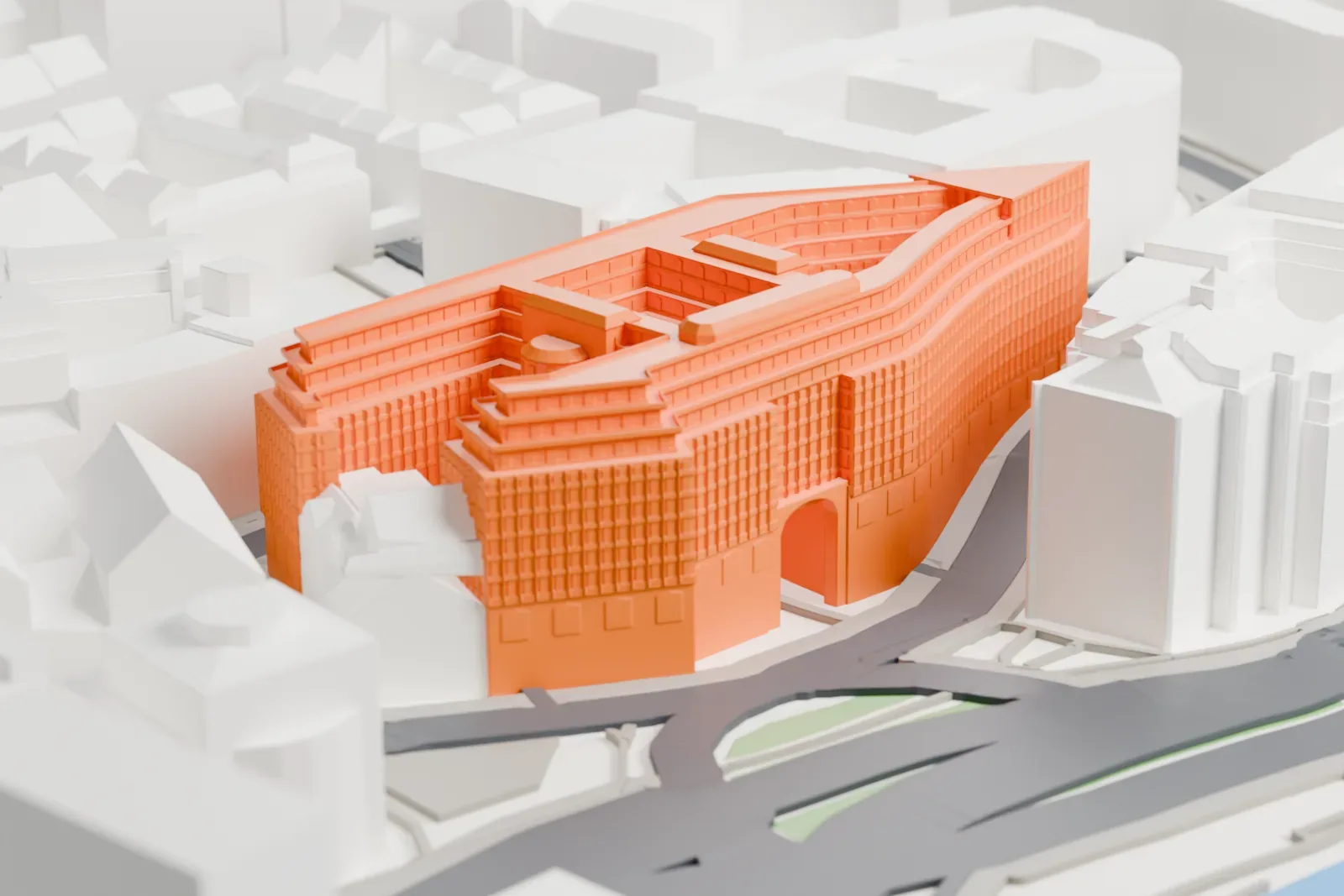 A white 3D print of the Chilehaus among the streets and buildings of Hamburg's Kontorhaus District.