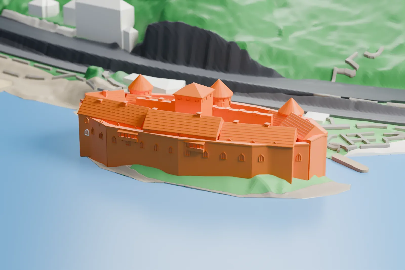 A white 3D print of Chillon Castle, with cone-roofed round towers and a square keep on a small rock island in the lake, with steep shoreline behind it.