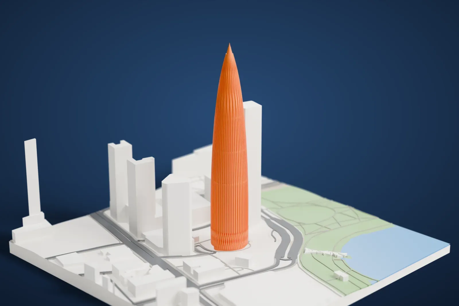 A white 3D print of the China Resources Tower rising above the surrounding streets and buildings of Shenzhen.