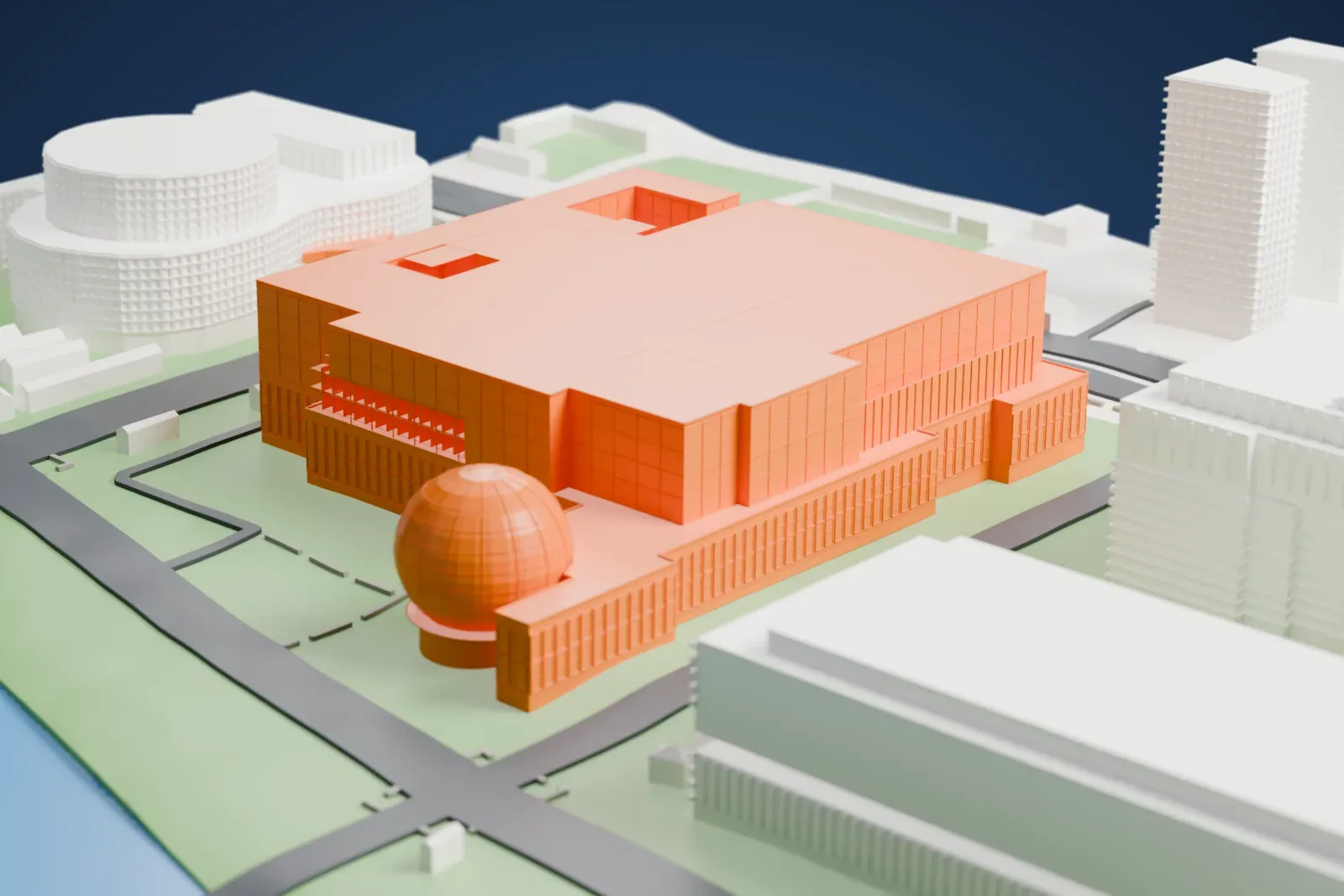 A white 3D print of the China Science and Technology Museum, a large boxy building with a gridded sphere at one corner, set in green parkland beside roads and water.