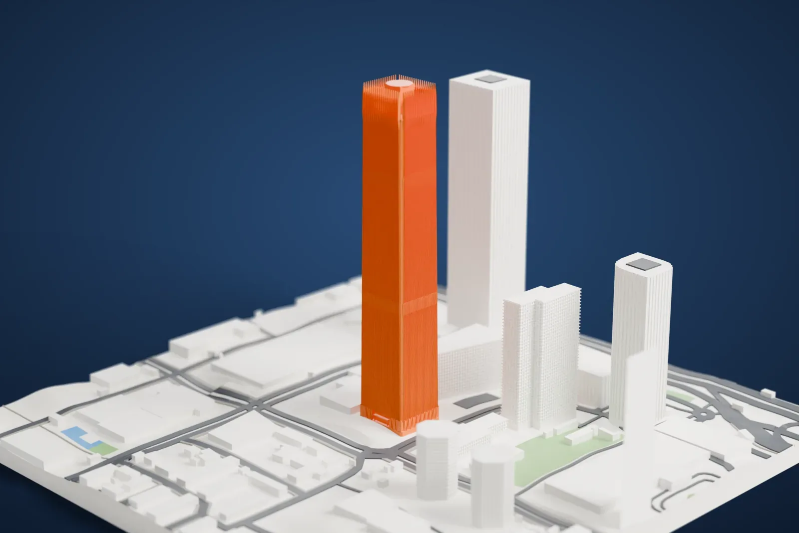 A white 3D print of China World Trade Center Tower III, with its finned shaft and open crown rising among the surrounding city blocks.