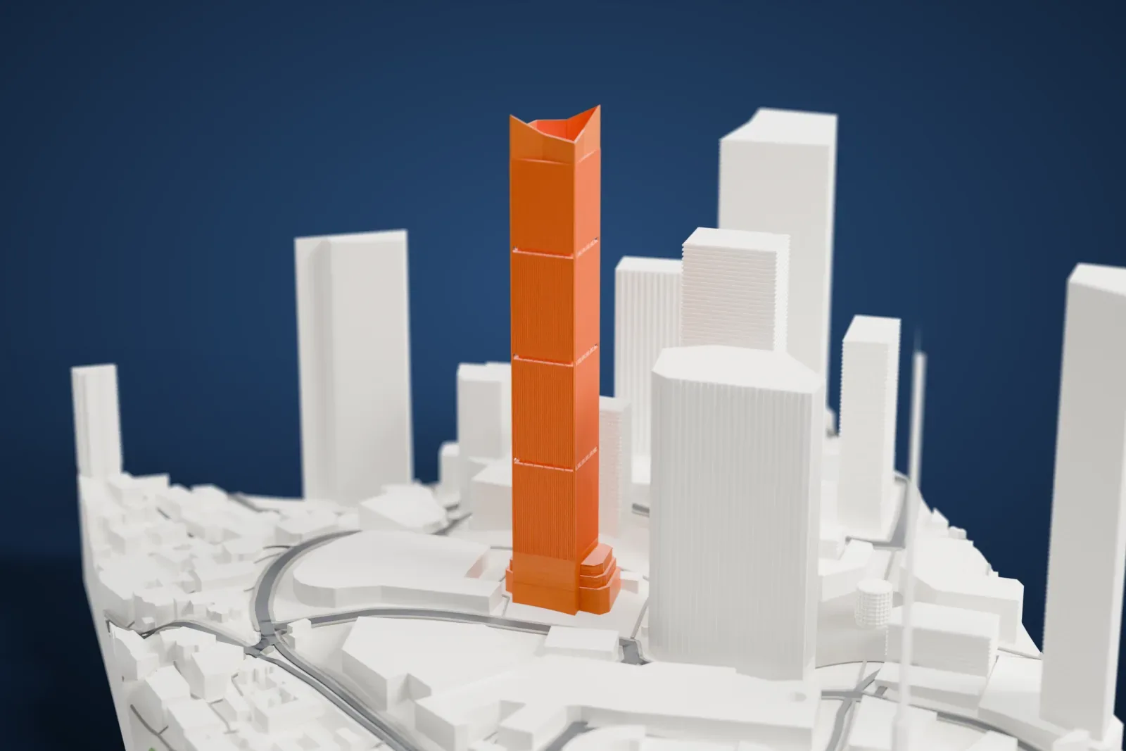 A white 3D print of the Chongqing World Financial Center, a very tall straight tower with a pointed crown and a stepped base, among surrounding high-rise buildings.