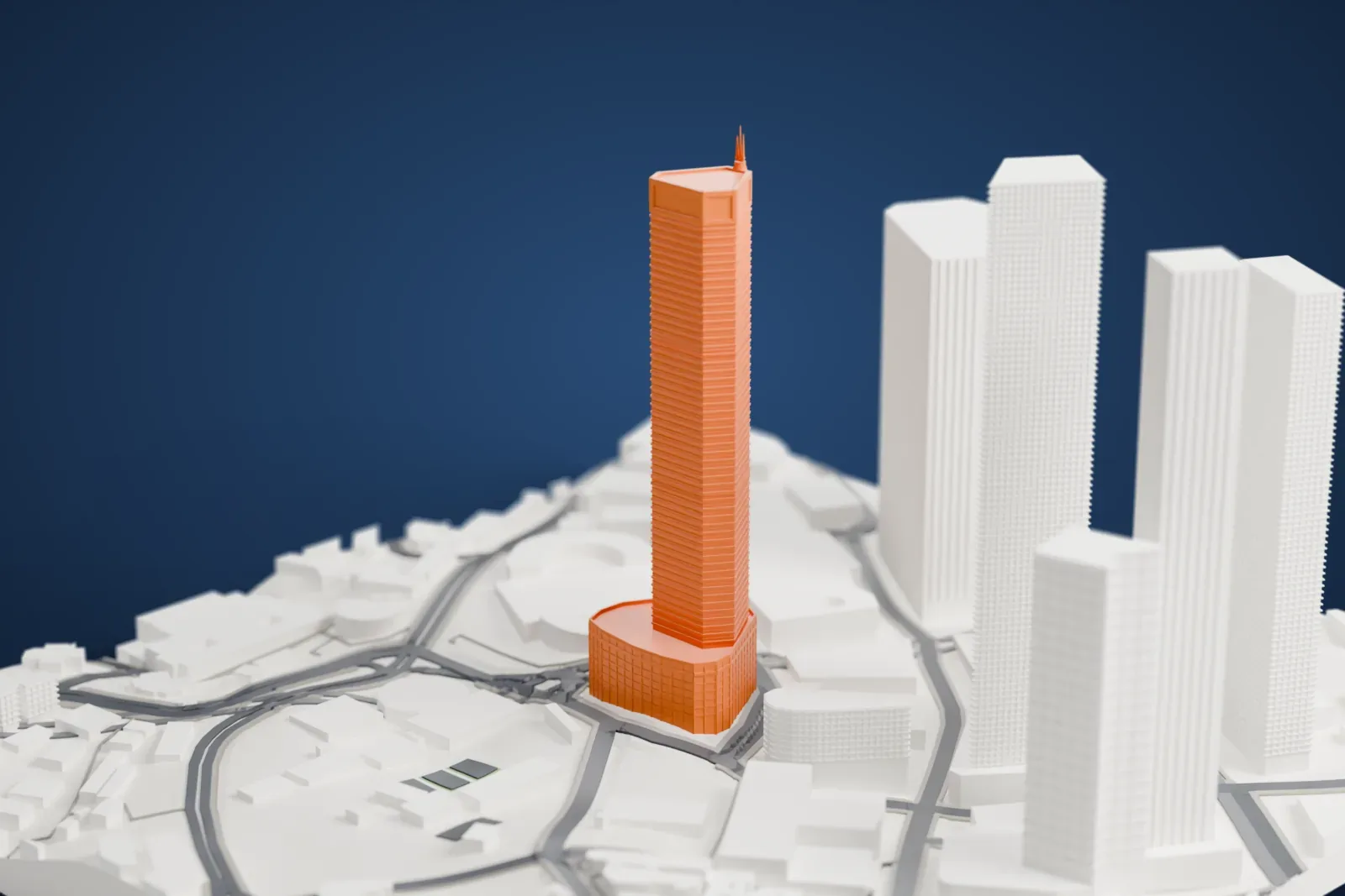 A white 3D print of the Chongqing World Trade Center, a tall tower with a spire rising from a wide podium, among taller neighboring towers and city streets.