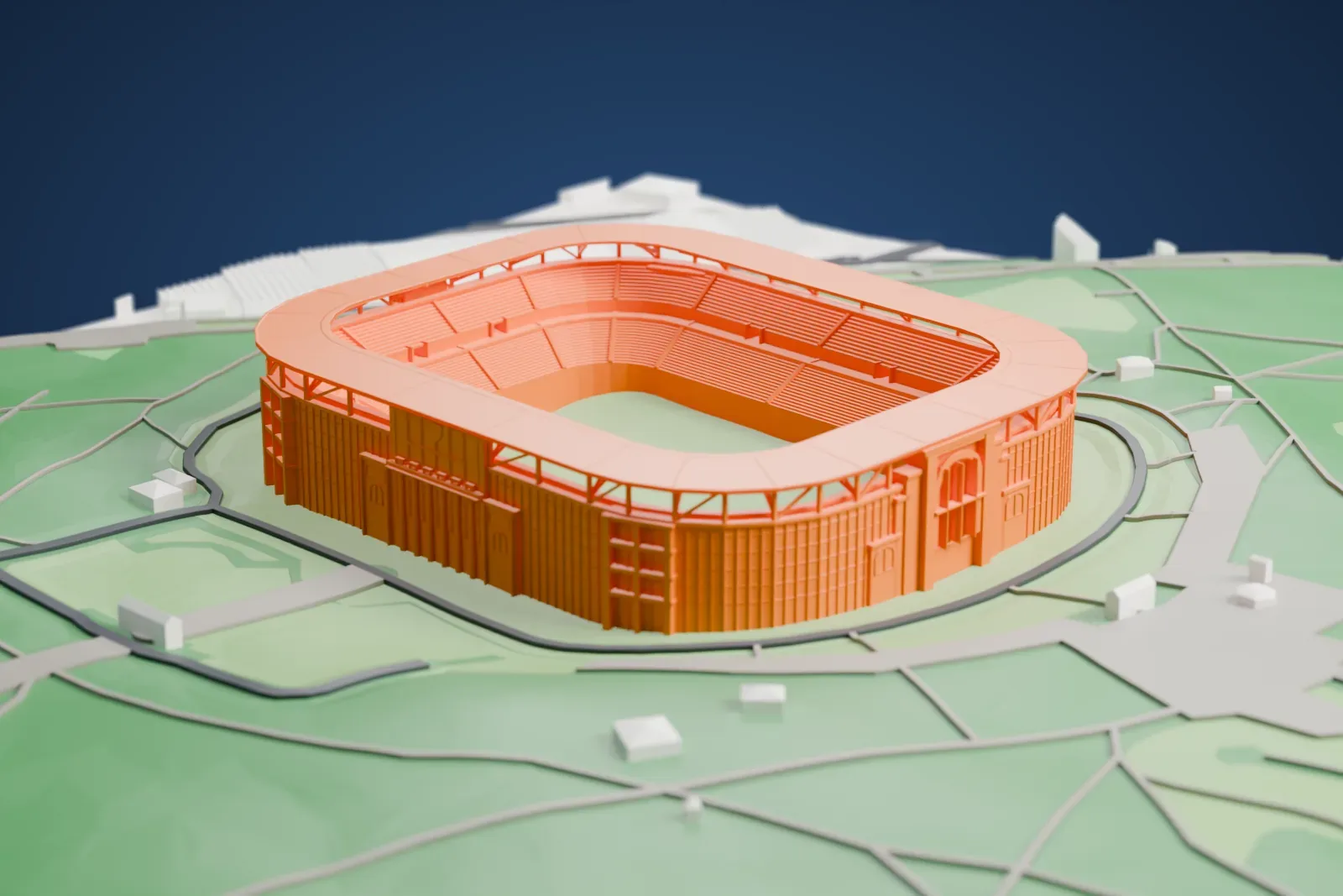 A white 3D print of Chornomorets Stadium, with its rounded roof ring, open center and columned west front, among surrounding city buildings.