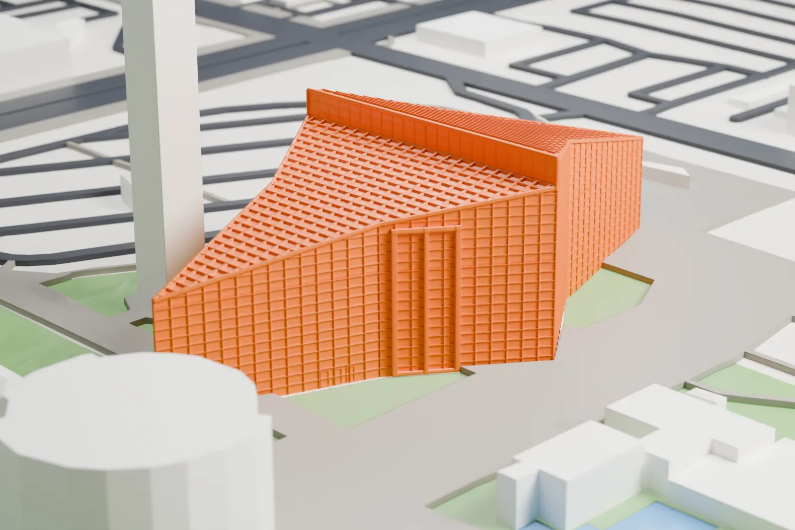 A white 3D print of Christ Cathedral in Garden Grove, with the surrounding campus buildings and streets.