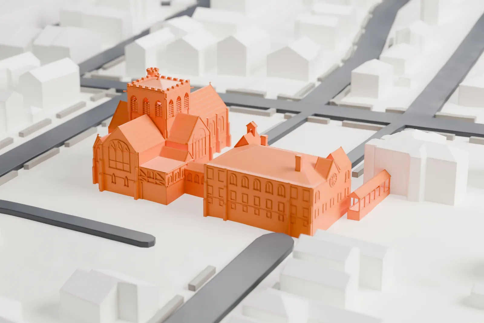 A white 3D print of Christ Church New Brighton, a stone-style church with a square tower joined by a covered walkway to a long hall, among houses and streets.