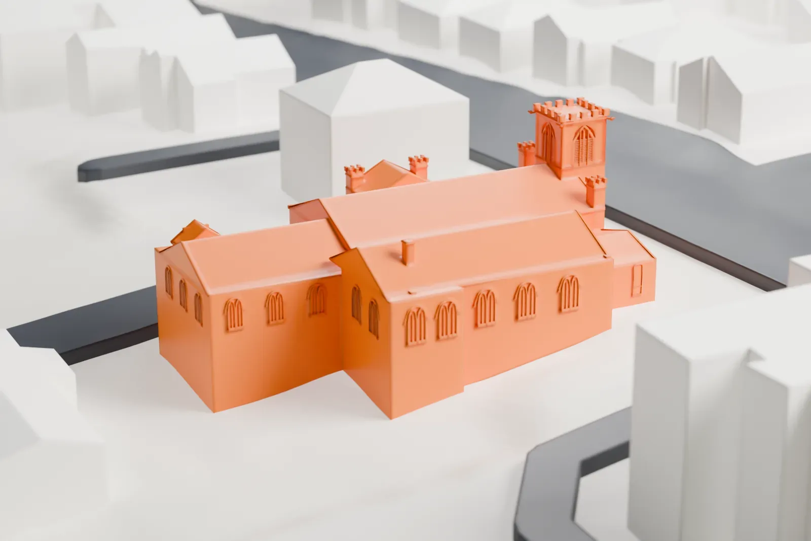 A white 3D print of Christ Episcopal Church, a church complex with a square castellated tower, steep gabled roofs and tall arched windows, on a street corner among small buildings.