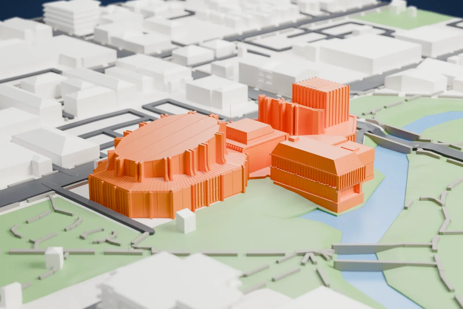 A white 3D print of the Christchurch Town Hall, a cluster of ribbed, drum-shaped halls on the bank of a river, in a green park with city streets around it.