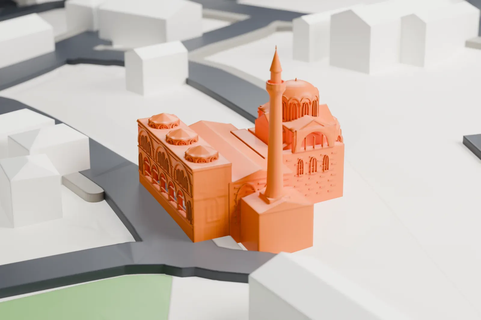 A white 3D print of the Church-Mosque of Vefa among the surrounding streets and buildings of Istanbul.