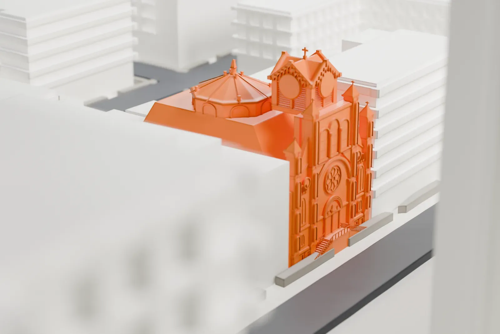 A white 3D print of the Church of Our Lady of Sorrows, a small church with a cluster of roofs, hemmed in by taller buildings in a dense city block.