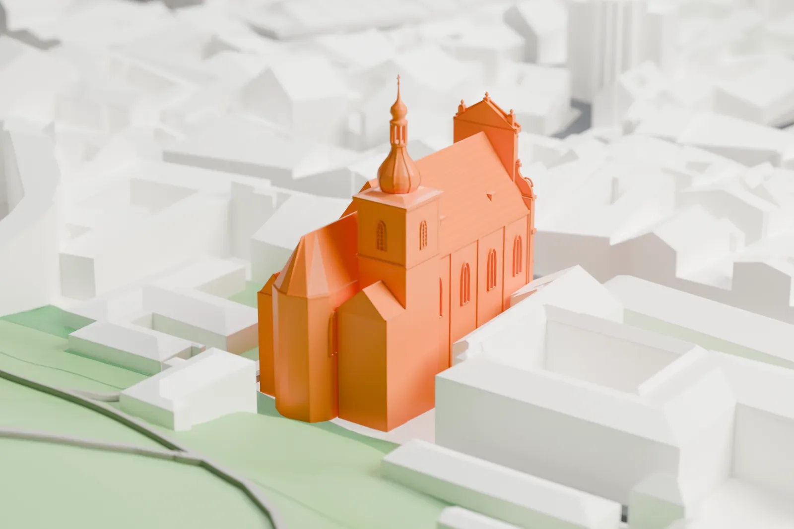 A white 3D print of the Church of Our Lady of Victories among the streets and buildings of Malá Strana in Prague.