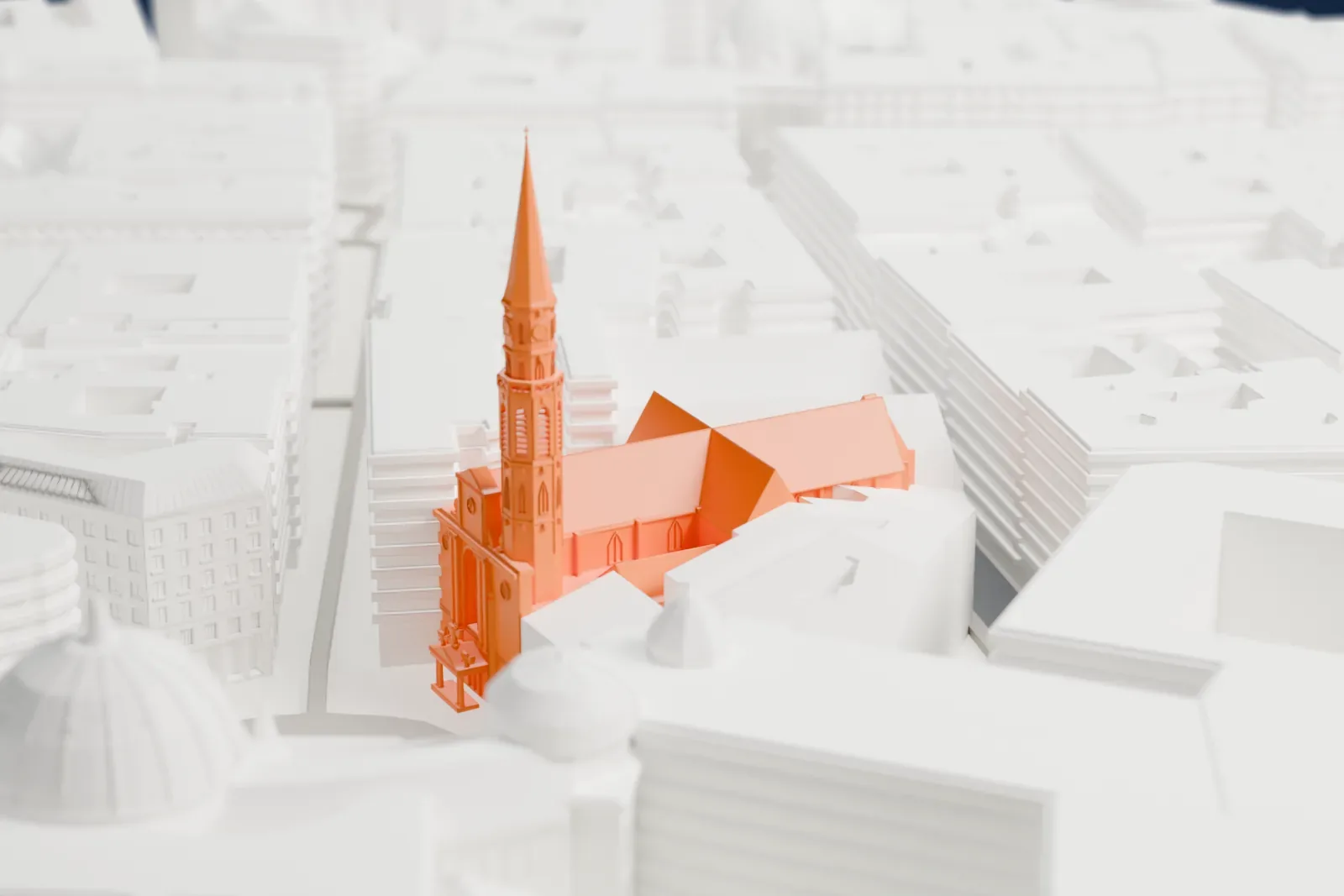 A white 3D print of the Church of Saint Michael among the surrounding streets and buildings of Vienna.