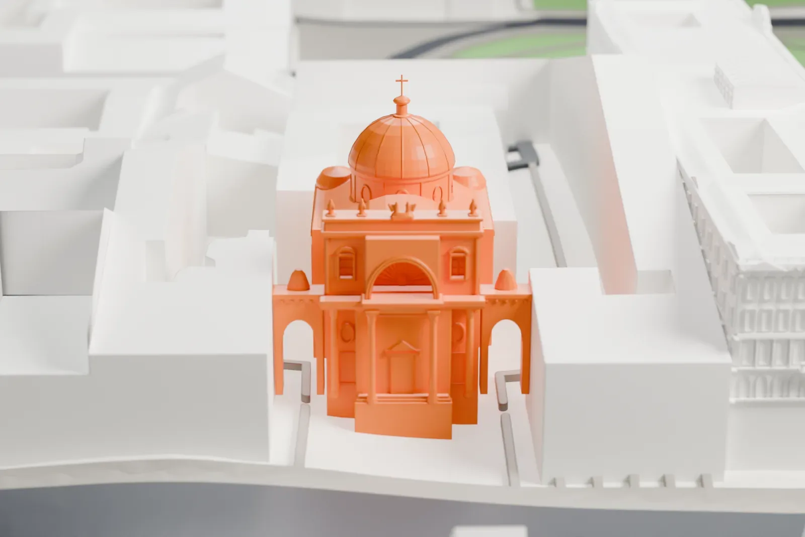 A white 3D print of the Church of St. Catherine on Nevsky Prospekt, with surrounding streets and buildings.