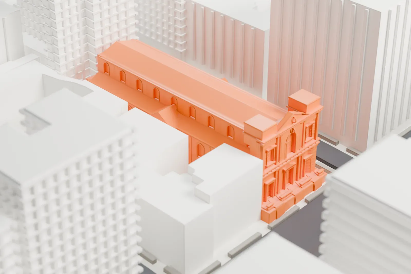 A white 3D print of the Church of St. Ignatius Loyola, a long gabled church with a decorated front, packed in among taller buildings.