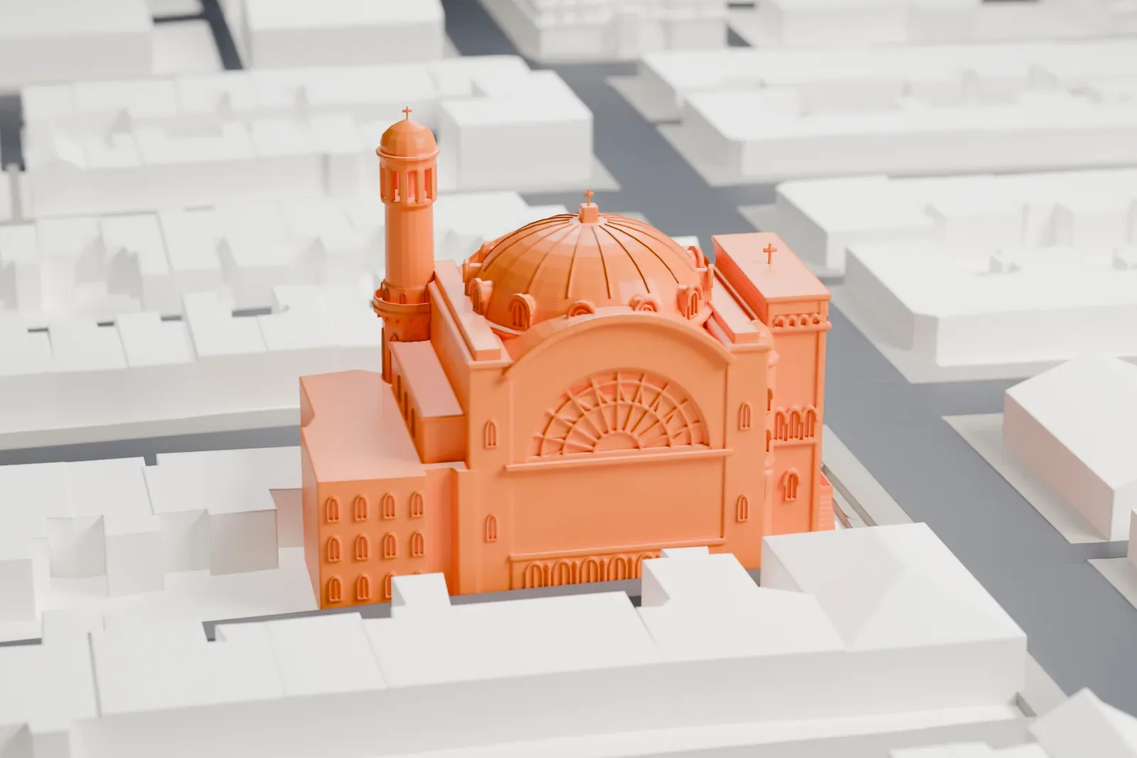 A white 3D print of the Church of St. Michael and St. Anthony, among the surrounding streets and buildings.
