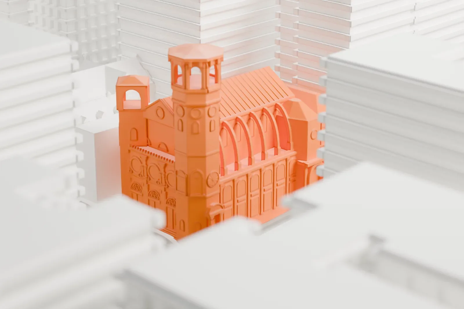 A white 3D print of the Church of St. Paul and St. Andrew, a small church building with a rounded corner feature, surrounded by dense blocks of taller buildings.