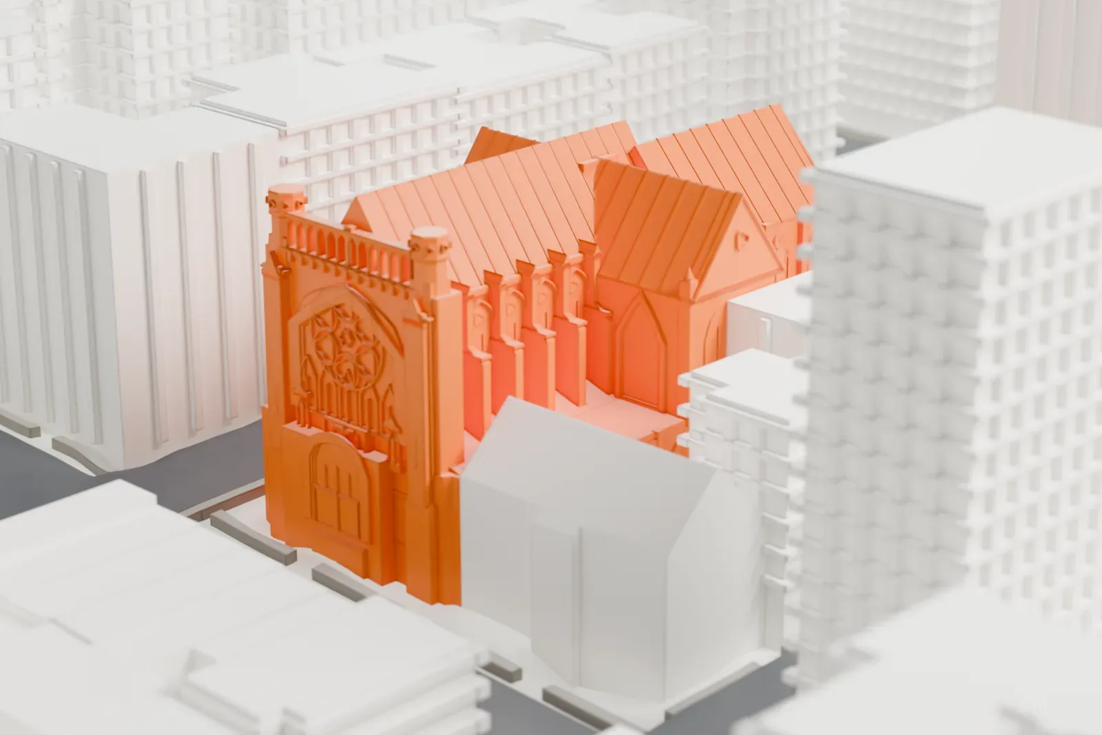 A white 3D print of the Church of St. Vincent Ferrer, a church with a long steep roof and a front tower with a round window, among taller city buildings.