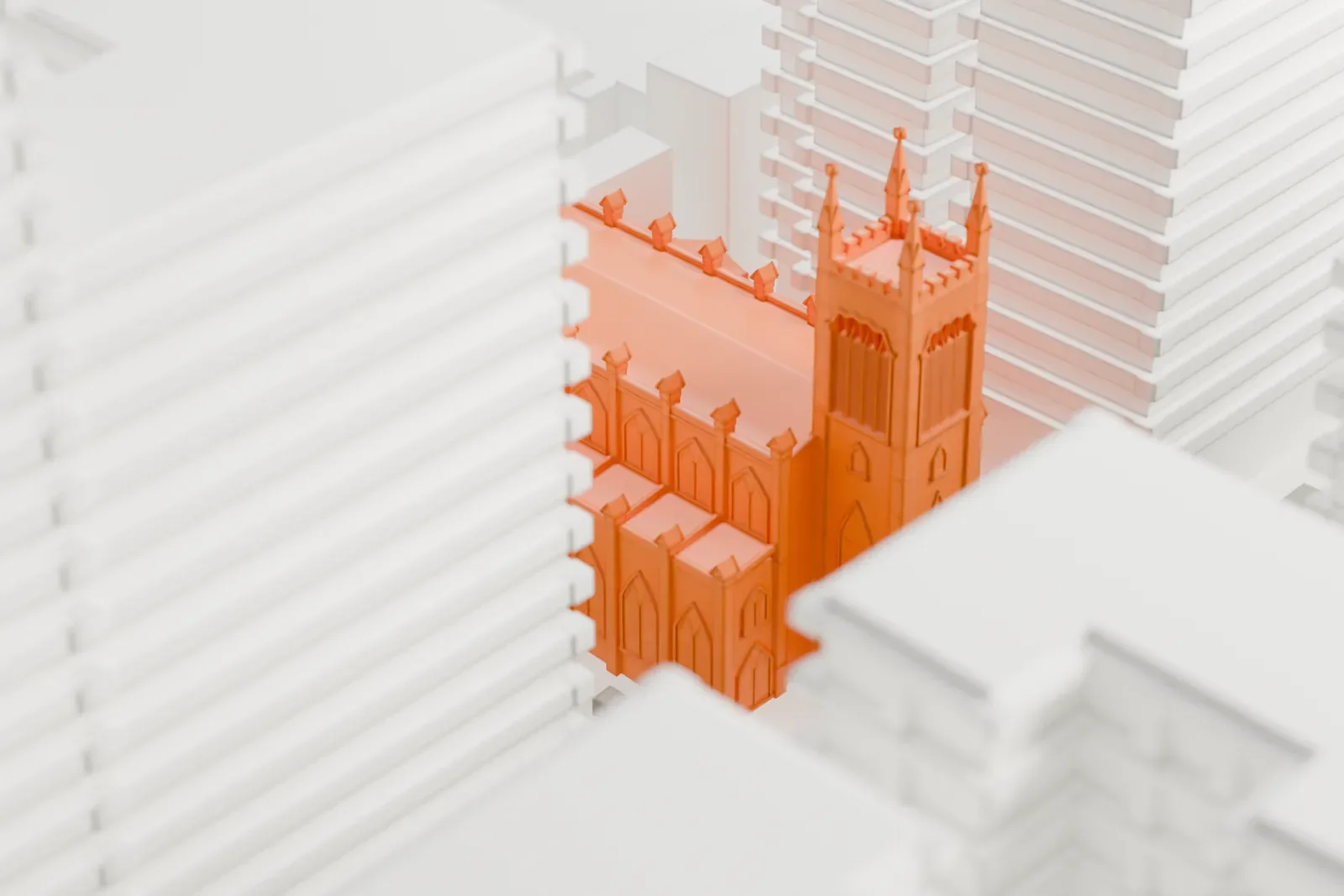 A white 3D print of the Church of the Ascension, a long pitched-roof church with a square pinnacled tower, closed in by taller buildings on every side.