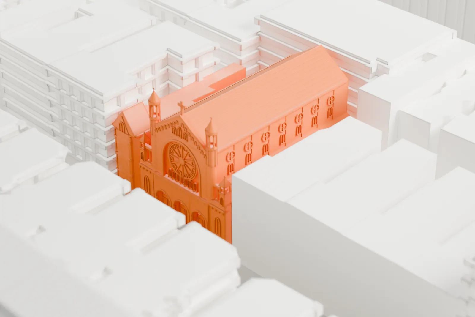 A white 3D print of the Church of the Ascension, a long gabled church with two small turrets at its front, set between taller buildings on a crowded city block.