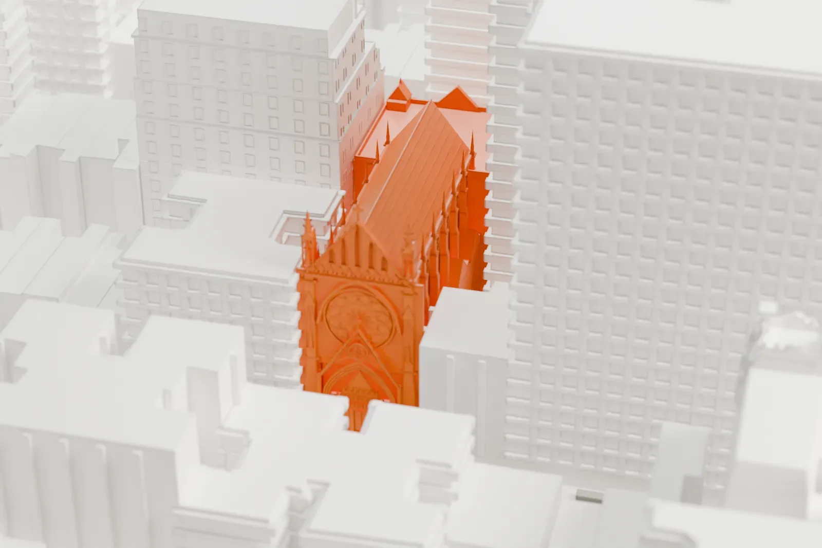 A white 3D print of the Church of the Blessed Sacrament, a church with a pointed gable and rose window, squeezed between tall buildings on a city block.