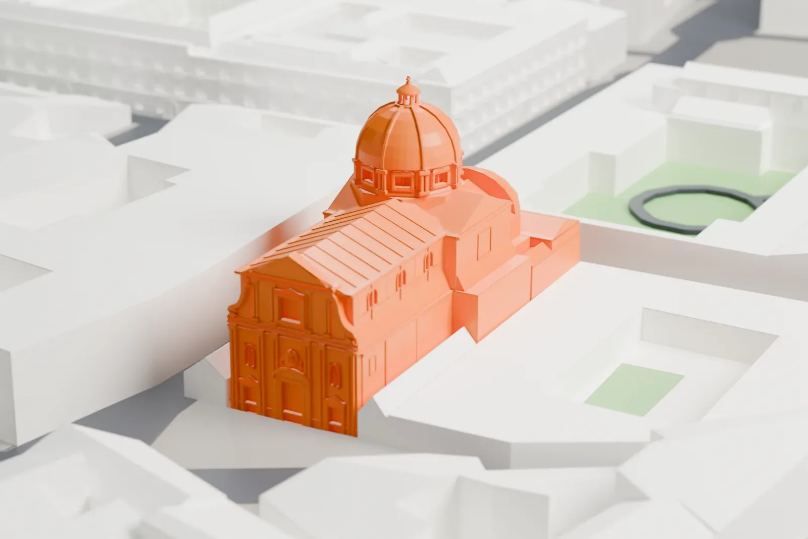 A white 3D print of the Church of the Gesù, a large church building, standing among the surrounding buildings.