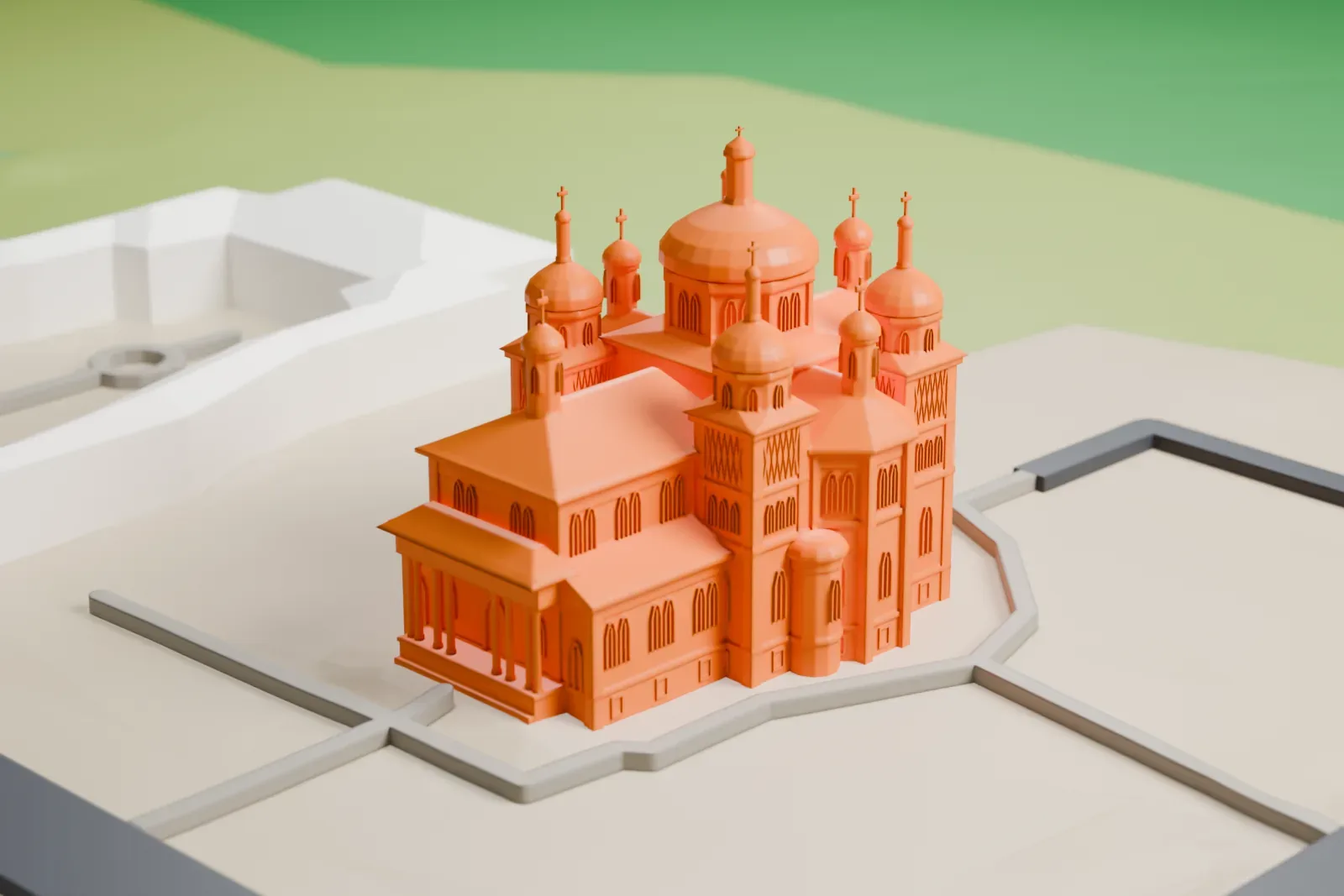 A white 3D print of the Church of the Immaculate Conception with the surrounding streets and buildings.