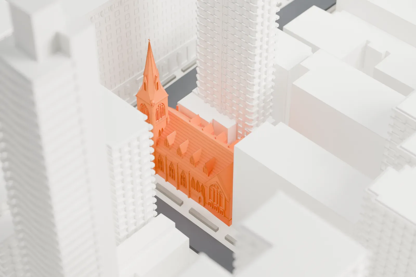 A white 3D print of the Church of the Incarnation, a church whose tall slender spire rises between much taller buildings.