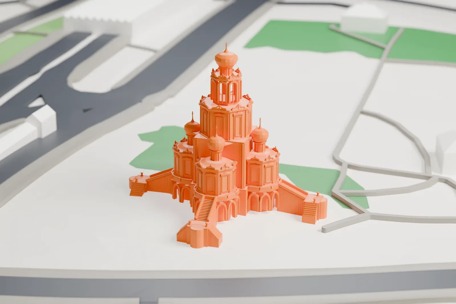 A white 3D print of the Church of the Intercession at Fili among the surrounding streets and buildings.