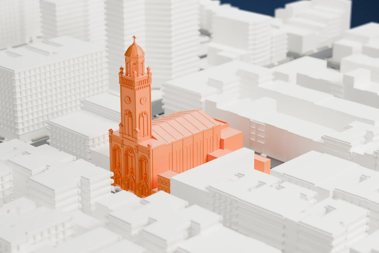A white 3D print of the Church of the Most Holy Redeemer, a church with a tall tower topped by a small dome, surrounded by mid-rise buildings.